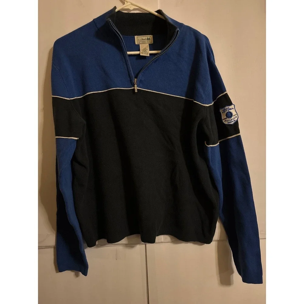 LL Bean Mens Colorblock Quarter Zip Pullover Sweater Blue Black‎ Cotton M REG